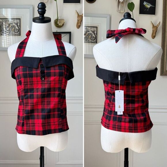 NWT Belle Poque Sleeveless Adjustable Halter Red Plaid Top M - Picture 1 of 9